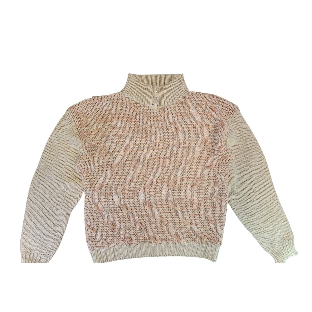 J.FARGO Knitted‎ Hand Pullover Sweater Cream Peach Cable Knit Mock Neck M